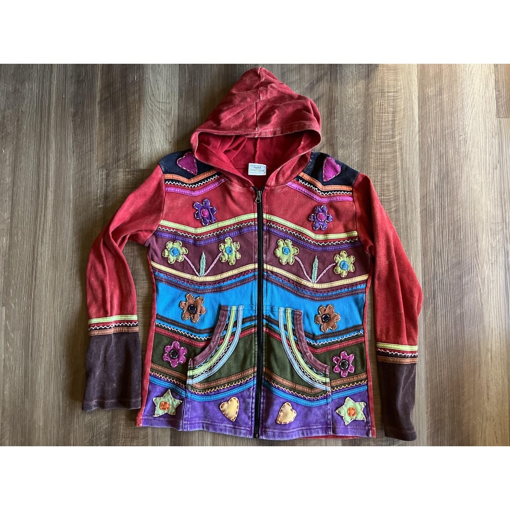 India Boutique Hoodie Jacket Womens Multicolor Patchwork Applique Zip Boho